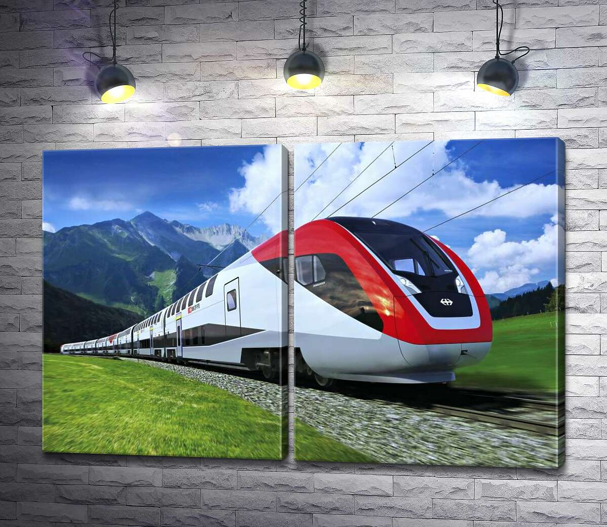модульная картина Новейший поезд несется по железнодорожному пути среди зеленых гор