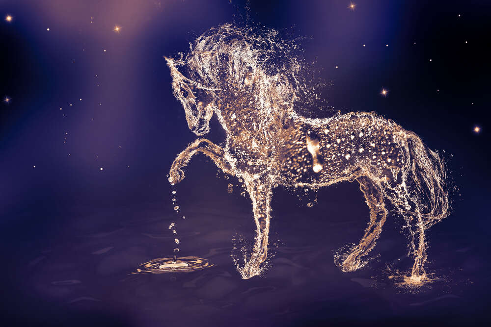 картина-постер Прозрачный силуэт лошади из искрящихся капель воды