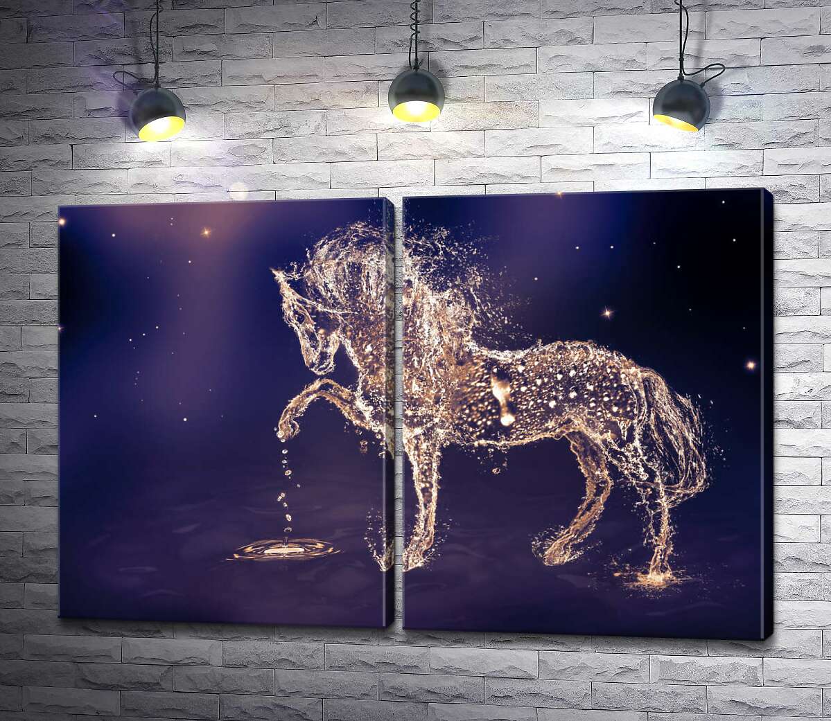 модульная картина Прозрачный силуэт лошади из искрящихся капель воды