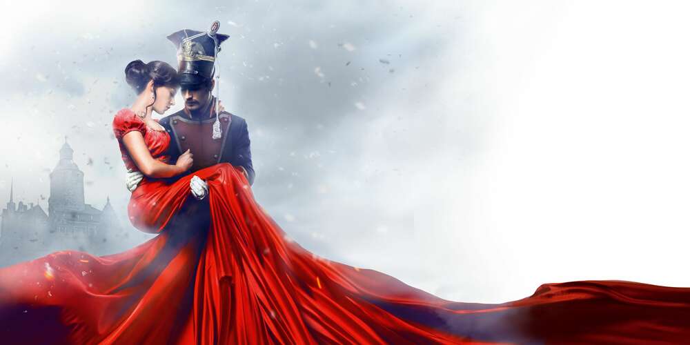 картина-постер Прекрасная дама в ярко-красном платье на руках у уланского офицера из фильма Уланская баллада