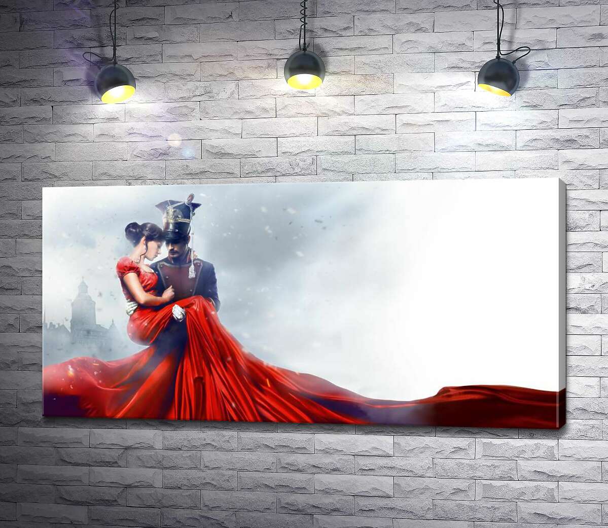 картина Прекрасная дама в ярко-красном платье на руках у уланского офицера из фильма "Уланская баллада"