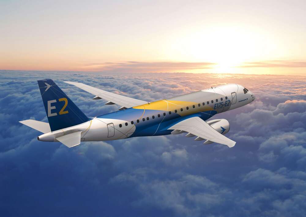 картина-постер Полет бразильского самолета Embraer E-Jet E2 над бескрайним облачным пространством