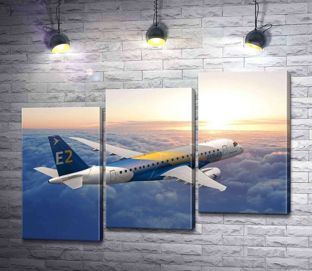 модульная картина Полет бразильского самолета Embraer E-Jet E2 над бескрайним облачным пространством (Модуль №14)