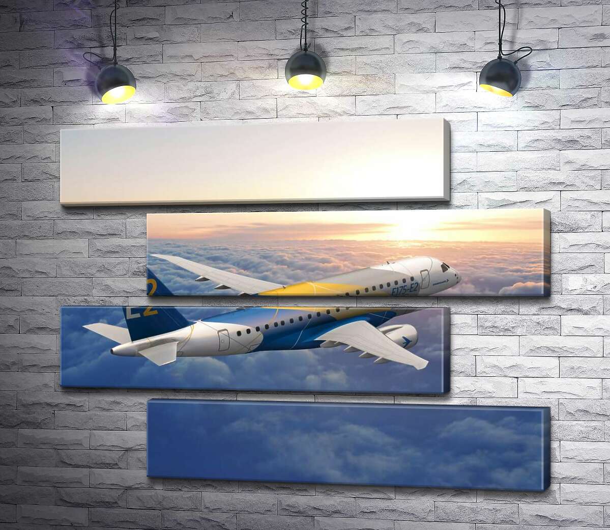 модульная картина Полет бразильского самолета Embraer E-Jet E2 над бескрайним облачным пространством (Модуль №23)