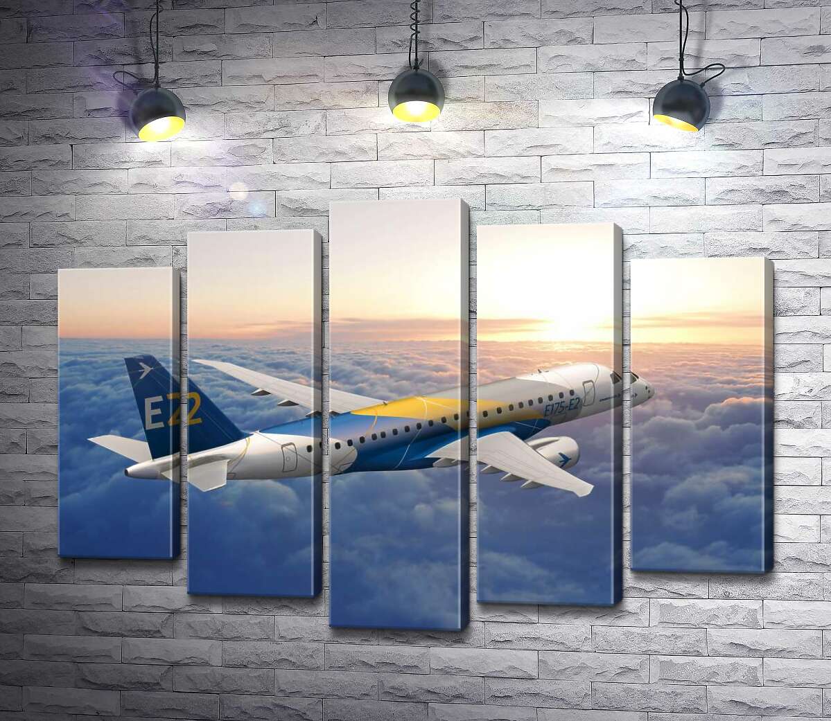 модульная картина Полет бразильского самолета Embraer E-Jet E2 над бескрайним облачным пространством (Модуль №4)