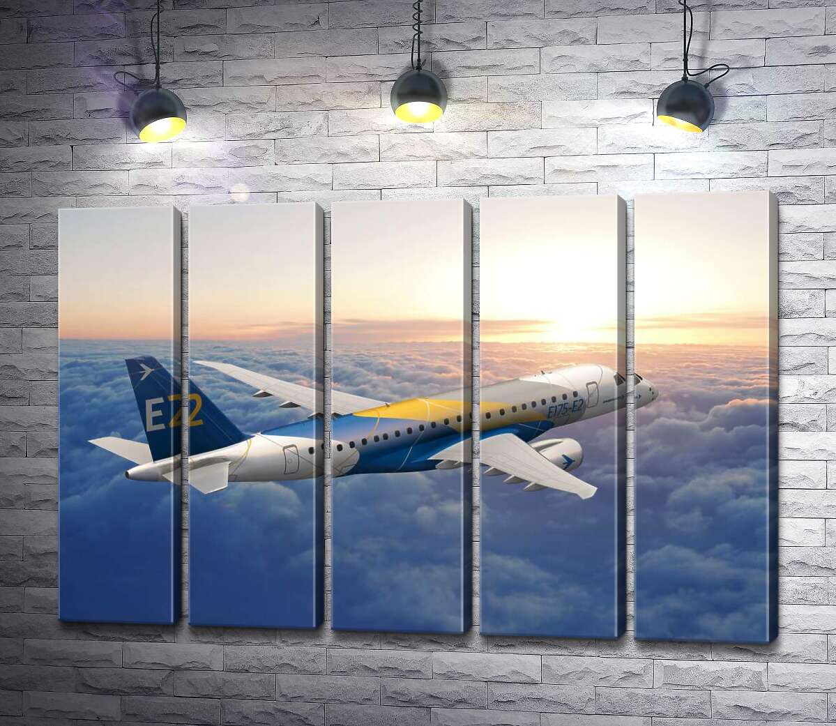 модульная картина Полет бразильского самолета Embraer E-Jet E2 над бескрайним облачным пространством (Модуль №26)