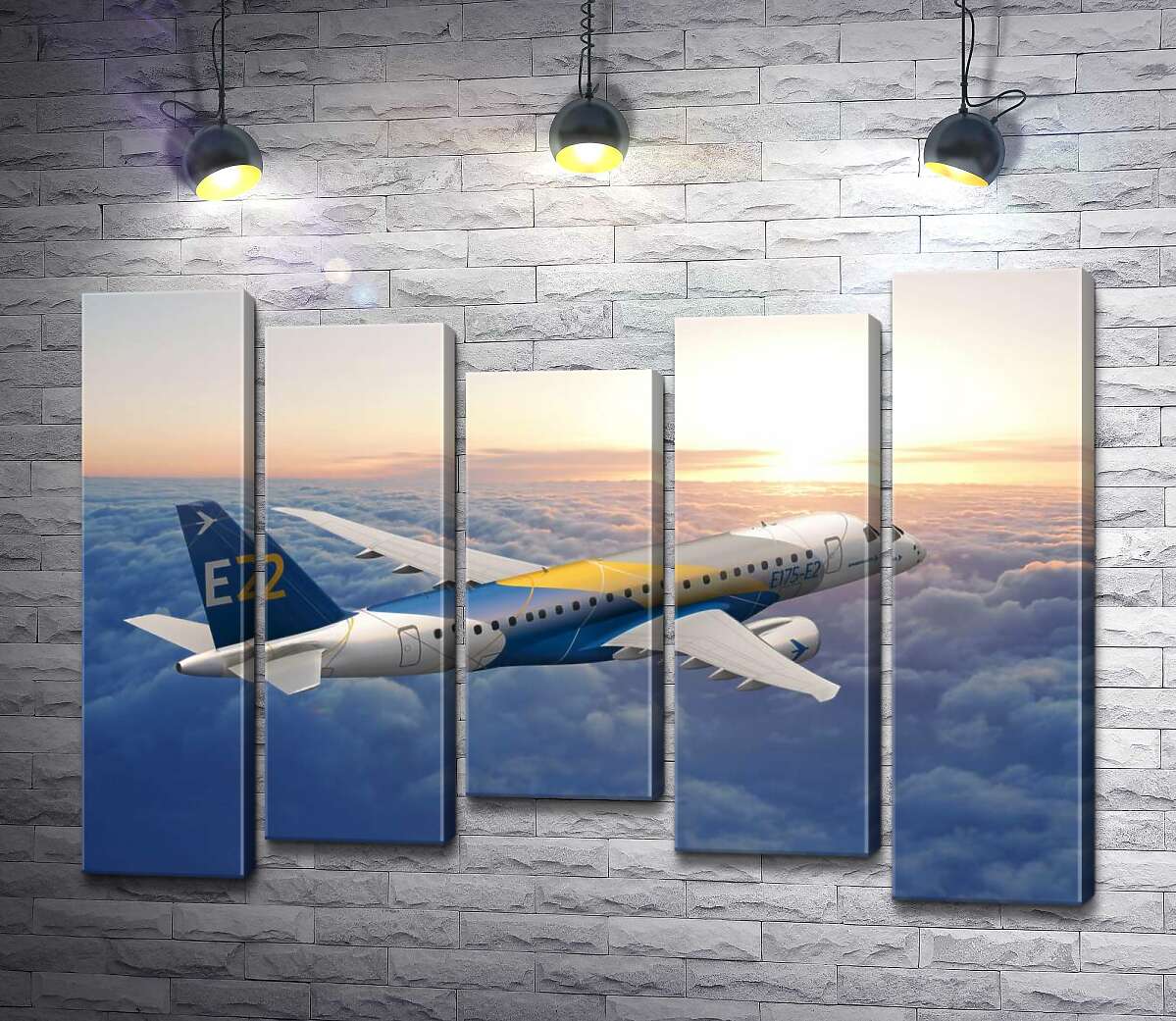 модульная картина Полет бразильского самолета Embraer E-Jet E2 над бескрайним облачным пространством (Модуль №27)
