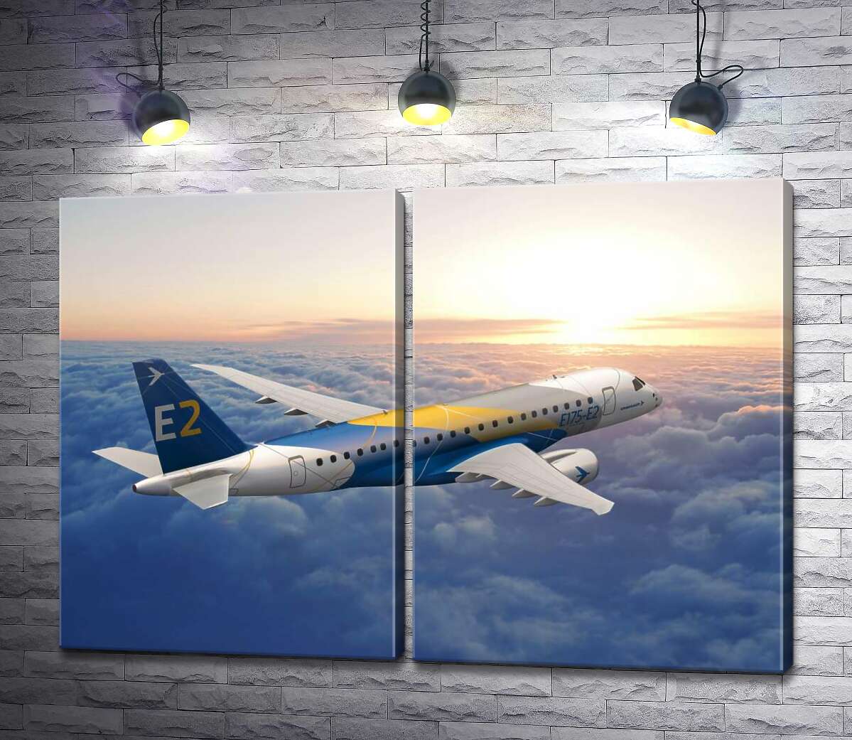 модульная картина Полет бразильского самолета Embraer E-Jet E2 над бескрайним облачным пространством