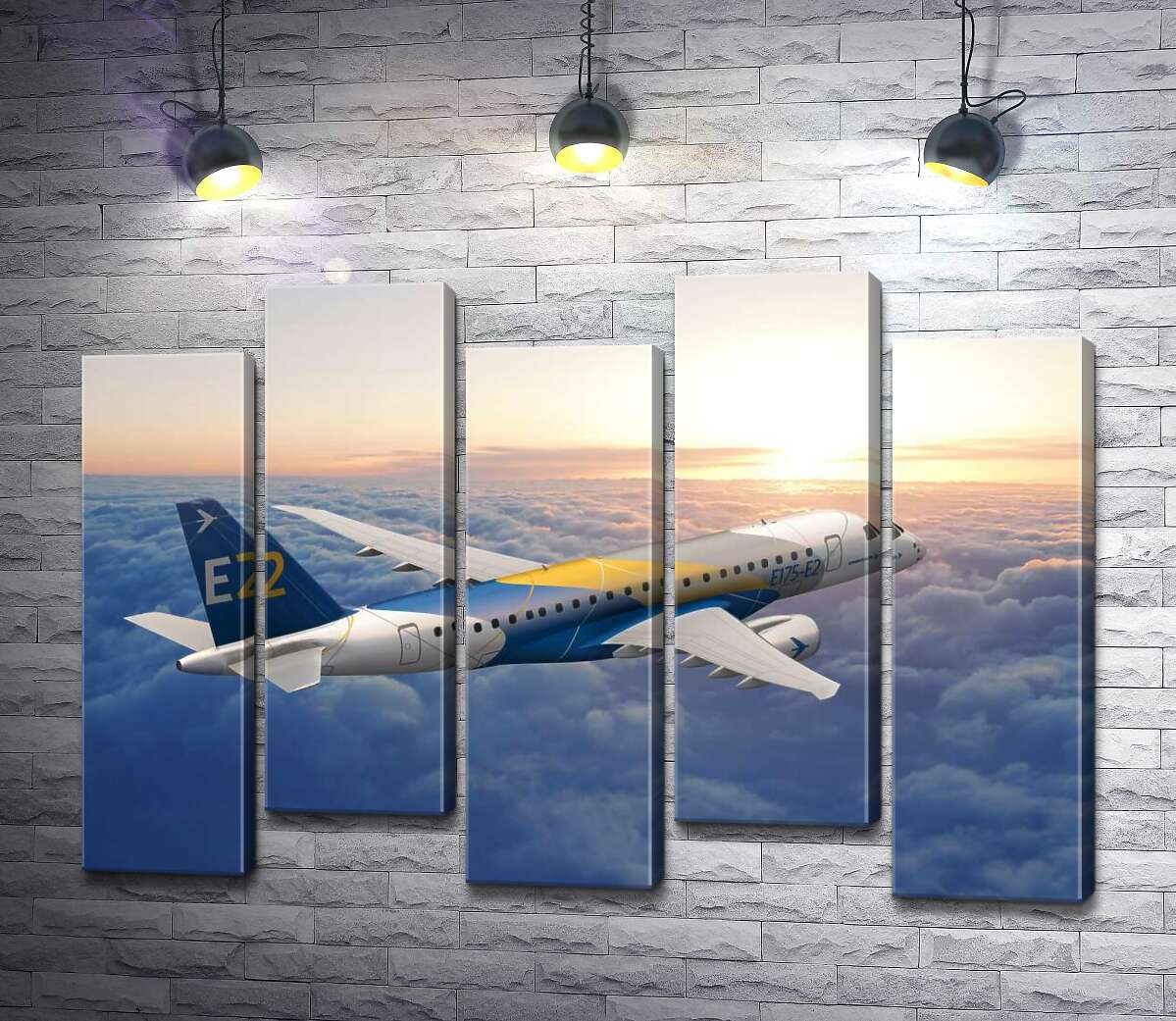 модульная картина Полет бразильского самолета Embraer E-Jet E2 над бескрайним облачным пространством (Модуль №30)