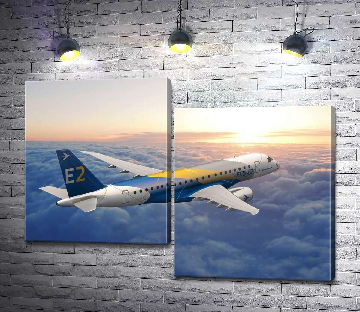 модульная картина Полет бразильского самолета Embraer E-Jet E2 над бескрайним облачным пространством (Модуль №9)
