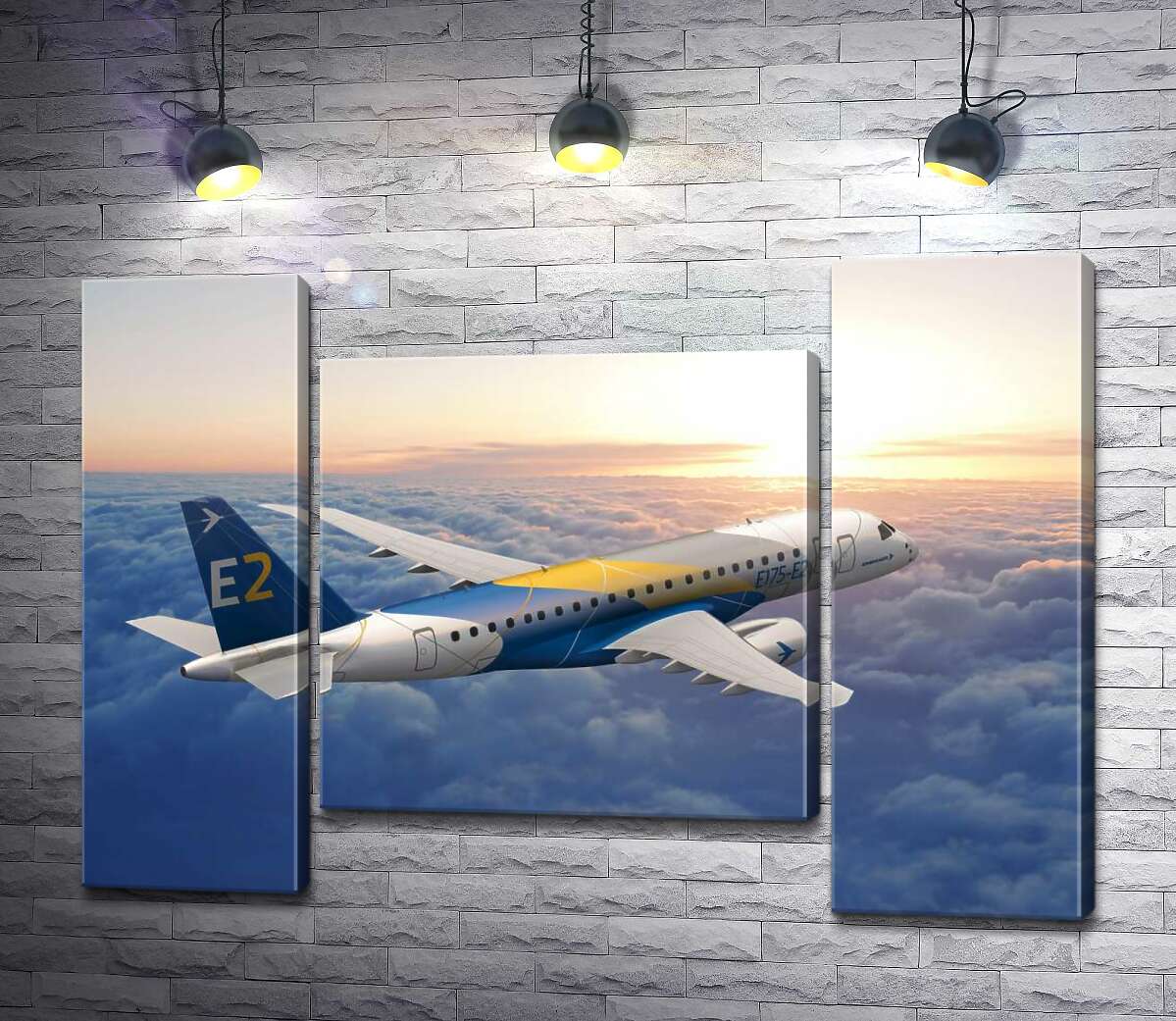 модульная картина Полет бразильского самолета Embraer E-Jet E2 над бескрайним облачным пространством (Модуль №11)