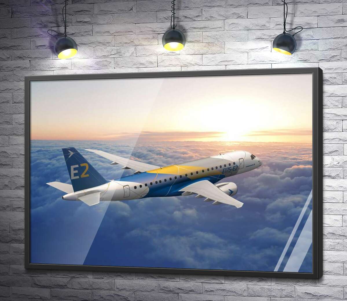 постер Полет бразильского самолета Embraer E-Jet E2 над бескрайним облачным пространством