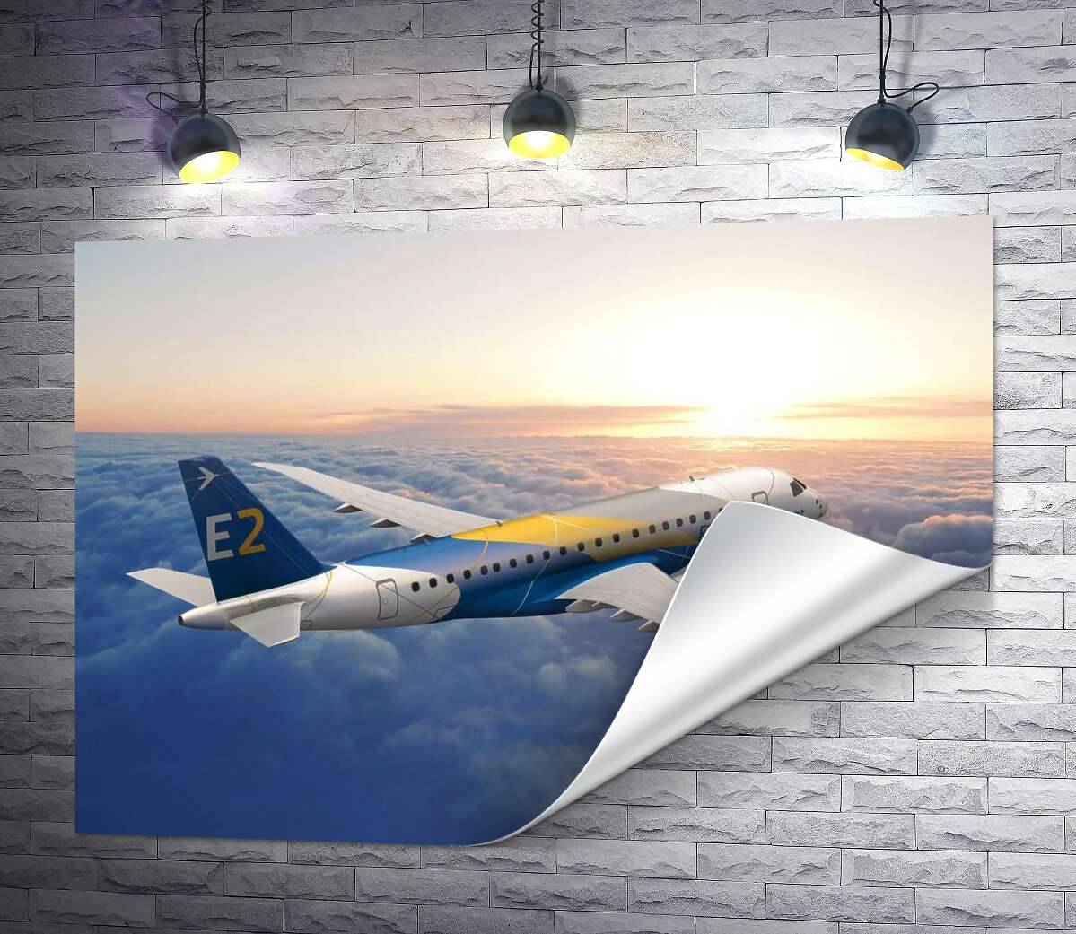 печать Полет бразильского самолета Embraer E-Jet E2 над бескрайним облачным пространством