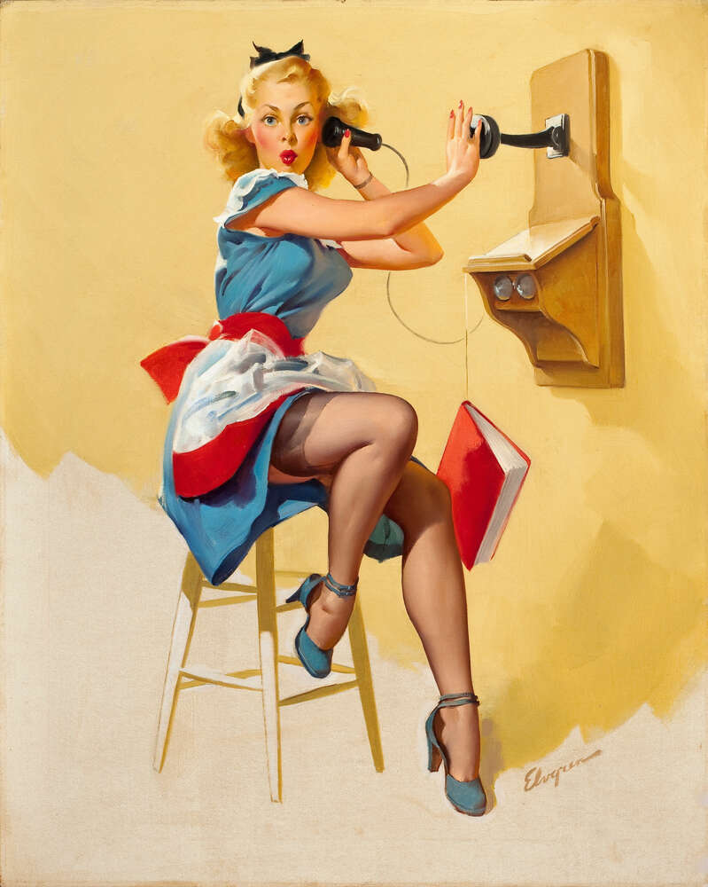 картина-постер Застукали: милая официантка разговаривает по телефону