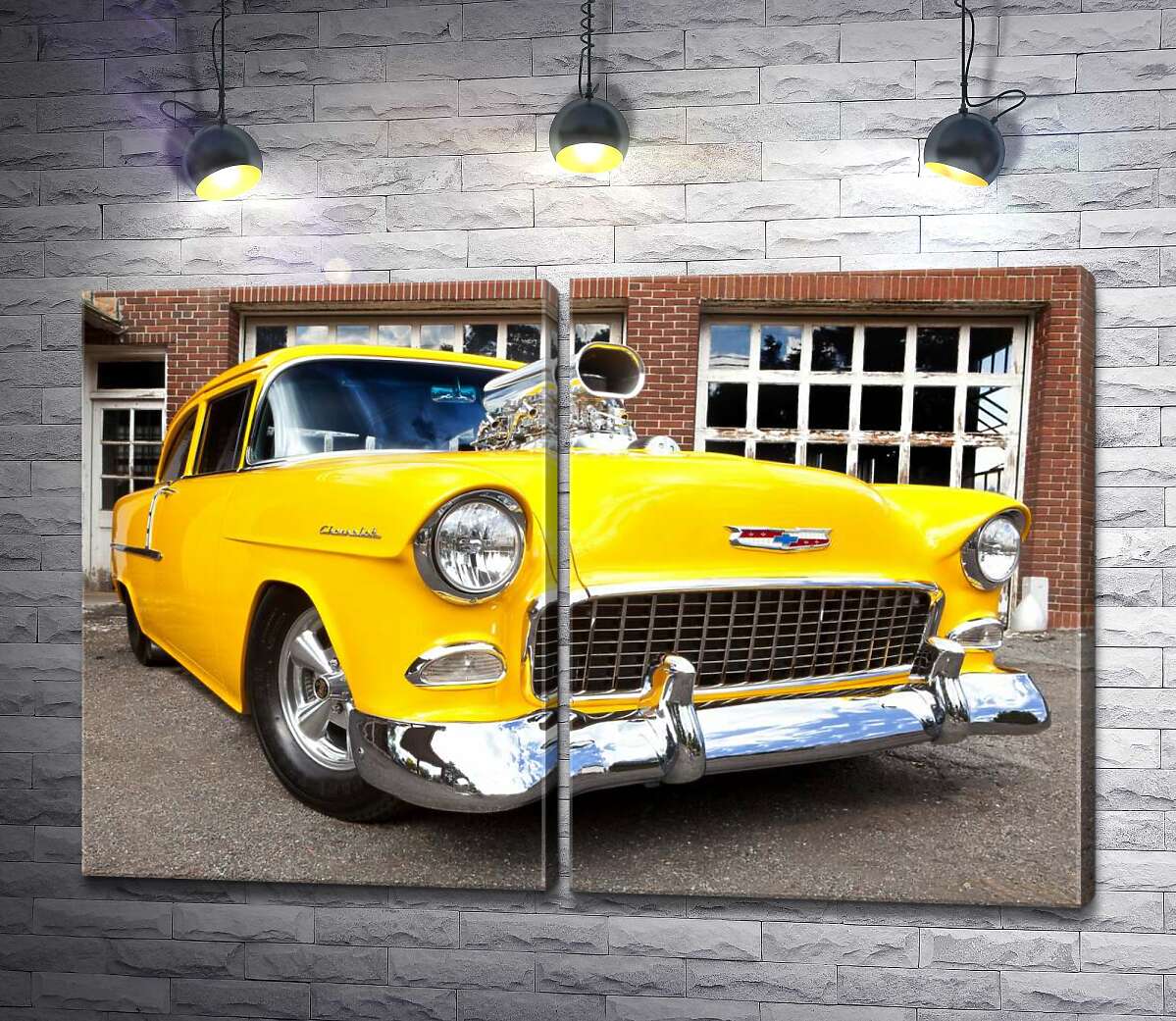 модульна картина Поєднання ідеально-срібного та лимонно-жовтого на бампері автомобіля Chevrolet Bel Air