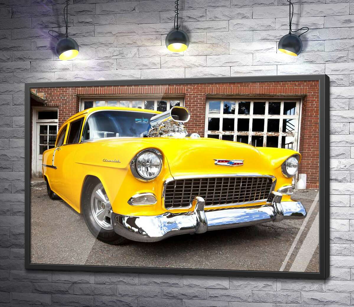 постер Поєднання ідеально-срібного та лимонно-жовтого на бампері автомобіля Chevrolet Bel Air