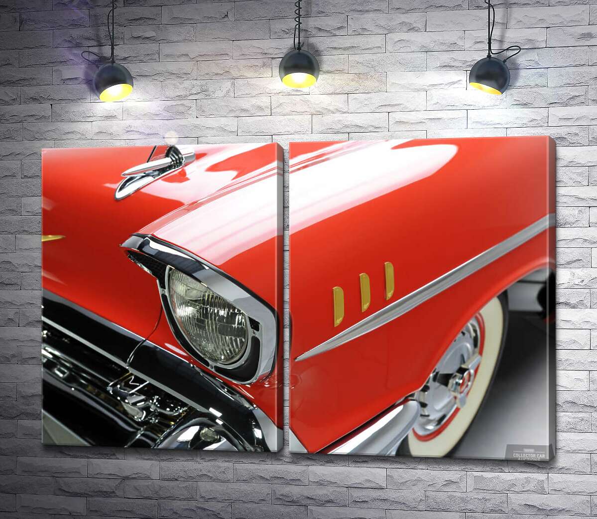 модульна картина Вишукана фара морквяно-червоного автомобіля Chevrolet Bel Air