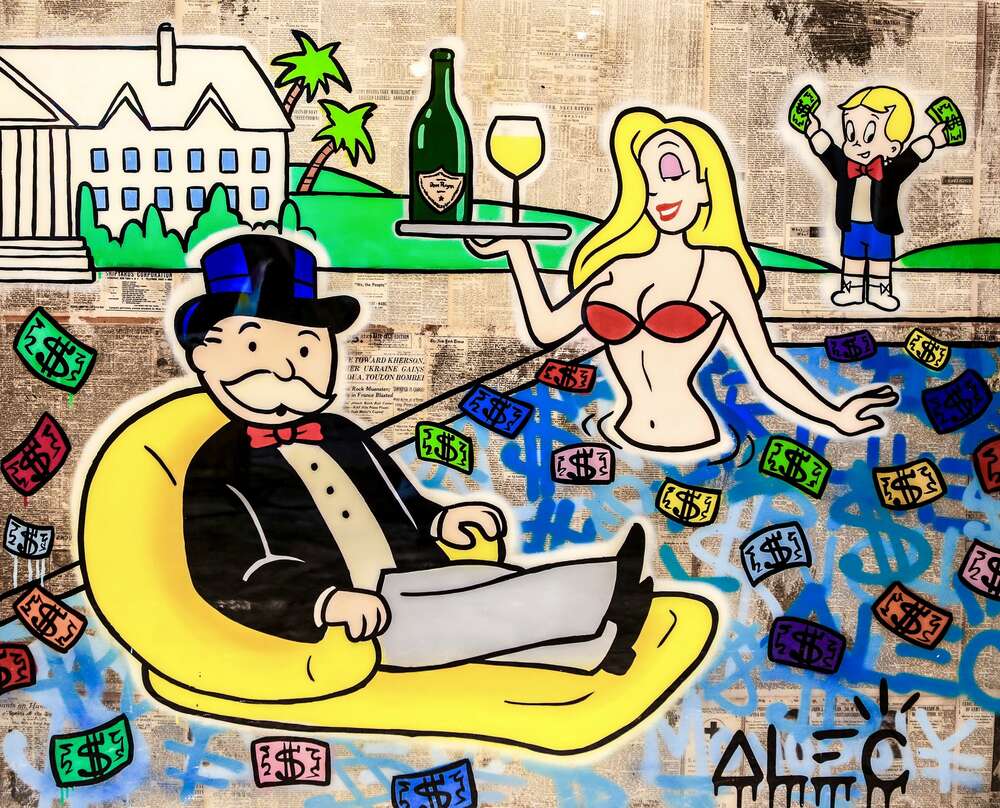 картина-постер Кольоровий грошовий басейн (Colorful Money Pool) - Алек Монополі (Alec Monopoly)