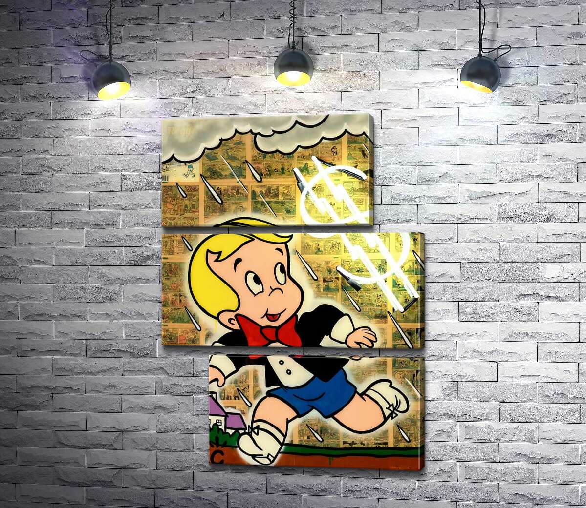 модульная картина Богатенький Ричи бежит от дождя (Модуль №16) (Richie Rich run away from rain) - Алек Монополи (Alec Monopoly)