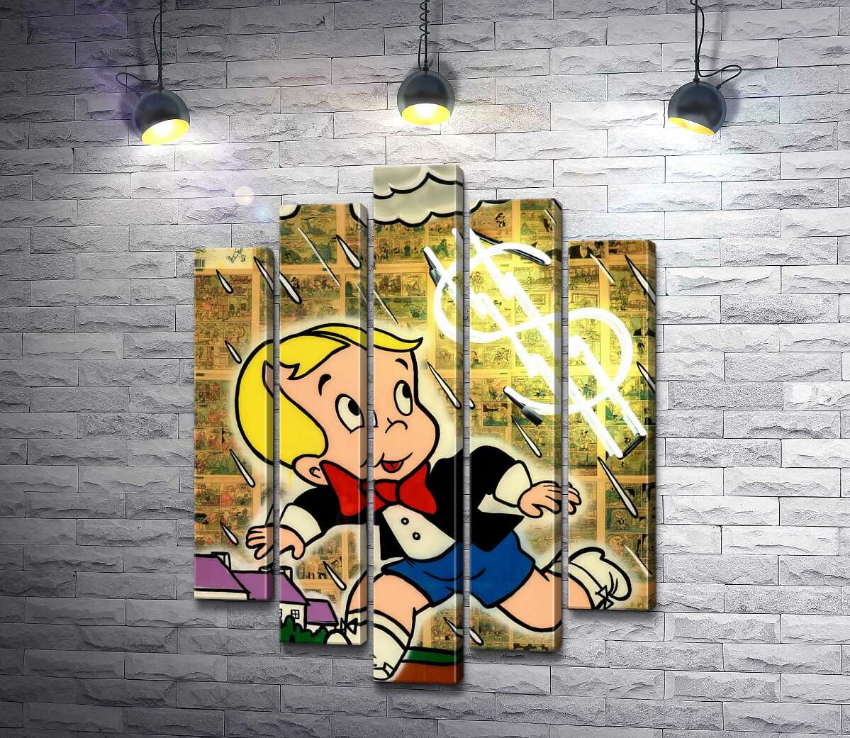 модульна картина Багатенький Річі біжить від дощу (Модуль №4) (Richie Rich run away from rain) - Алек Монополі (Alec Monopoly)
