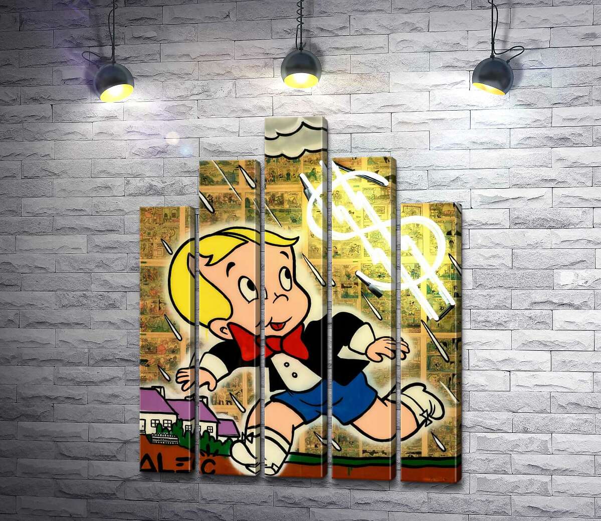 модульна картина Багатенький Річі біжить від дощу (Модуль №29) (Richie Rich run away from rain) - Алек Монополі (Alec Monopoly)