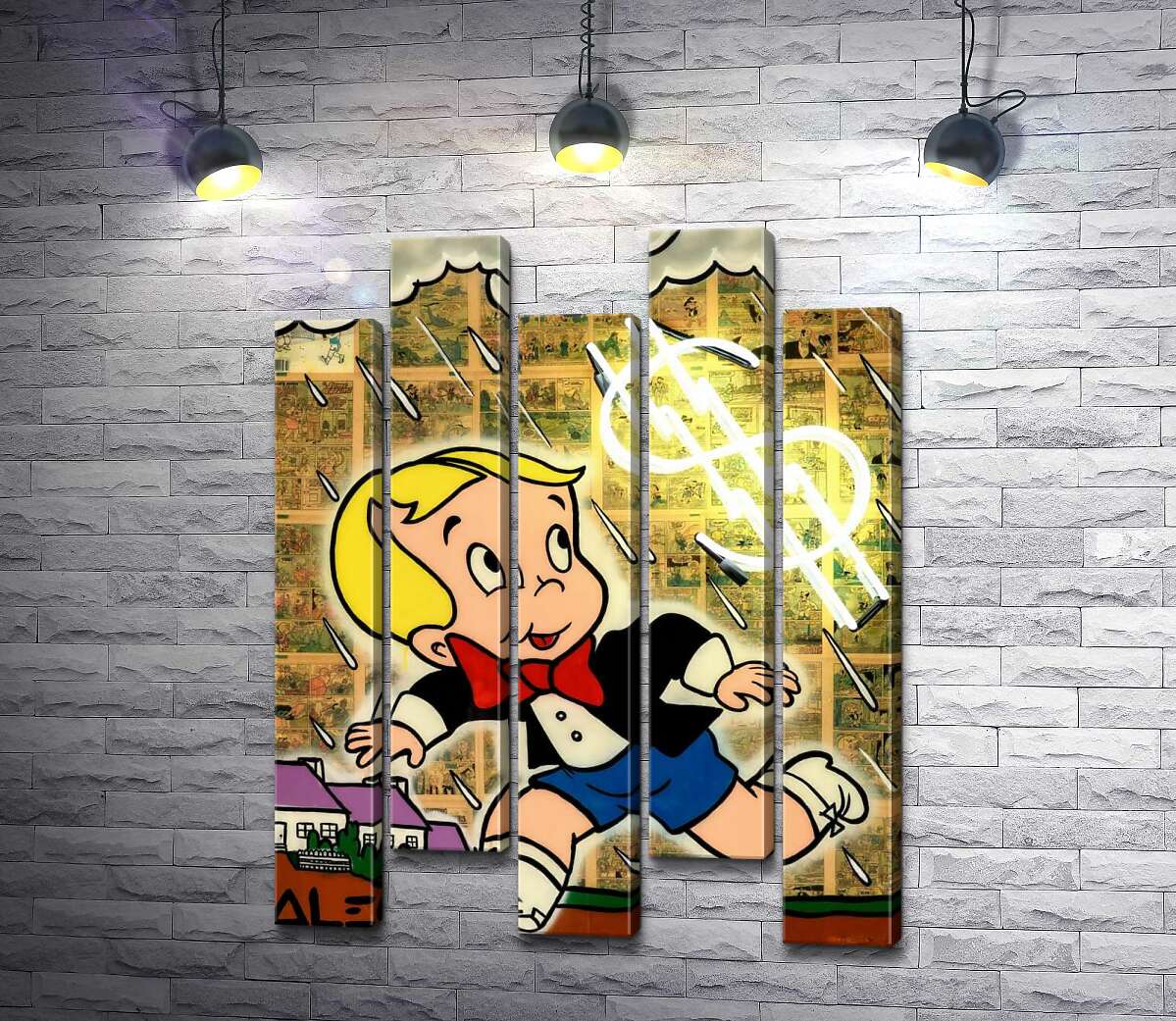 модульная картина Богатенький Ричи бежит от дождя (Модуль №30) (Richie Rich run away from rain) - Алек Монополи (Alec Monopoly)