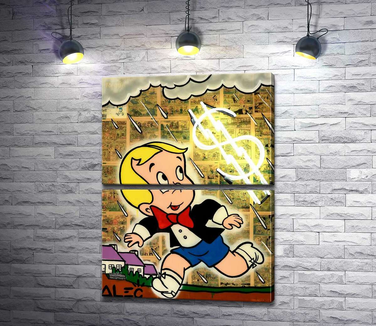 модульная картина Богатенький Ричи бежит от дождя (Модуль №7) (Richie Rich run away from rain) - Алек Монополи (Alec Monopoly)