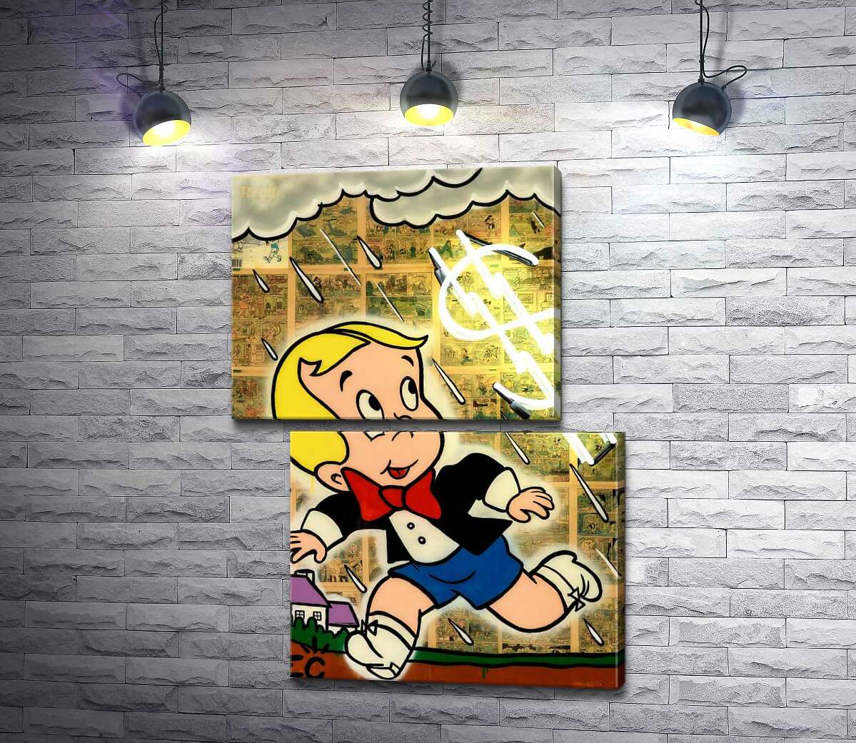 модульная картина Богатенький Ричи бежит от дождя (Модуль №8) (Richie Rich run away from rain) - Алек Монополи (Alec Monopoly)