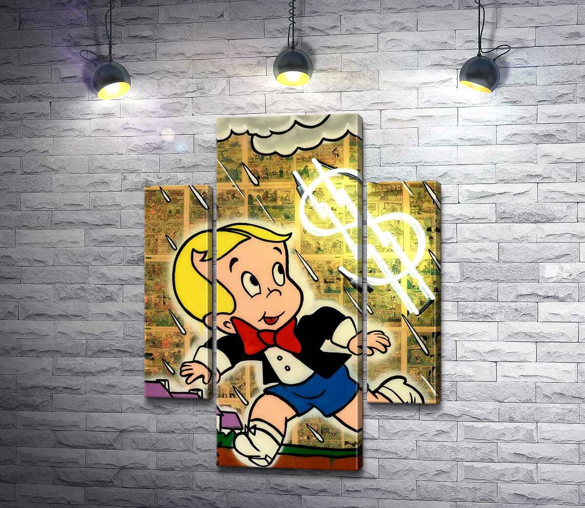 модульная картина Богатенький Ричи бежит от дождя (Модуль №5) (Richie Rich run away from rain) - Алек Монополи (Alec Monopoly)