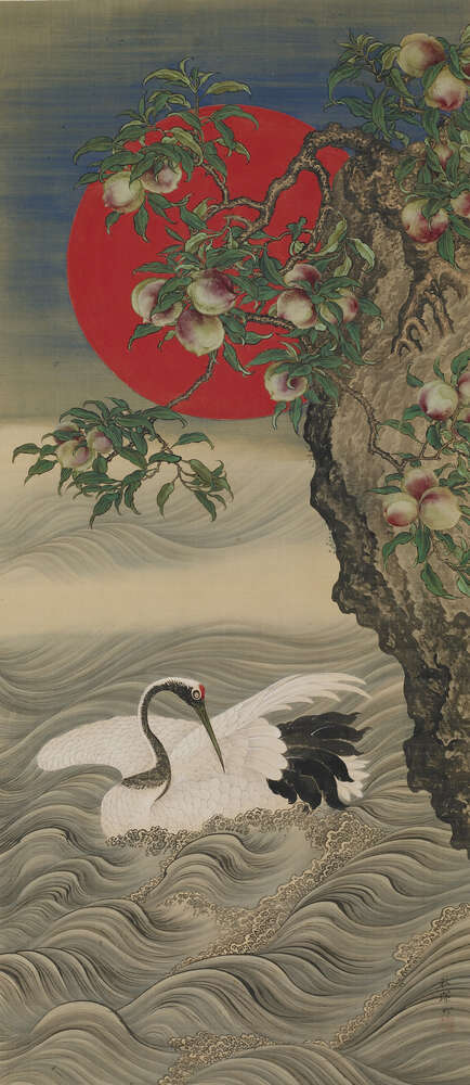 картина-постер Благоприятные символы: журавль, восходящее солнце и персики (Auspicious Symbols: Crane, Rising Sun and Peach) - Окамото Сюки (Okamoto Shuki)