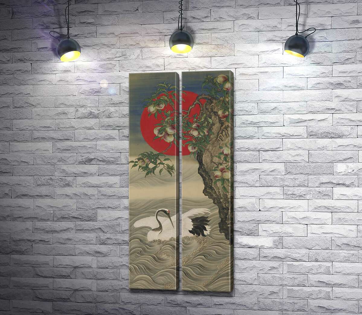 модульная картина Благоприятные символы: журавль, восходящее солнце и персики (Auspicious Symbols: Crane, Rising Sun and Peach) - Окамото Сюки (Okamoto Shuki)