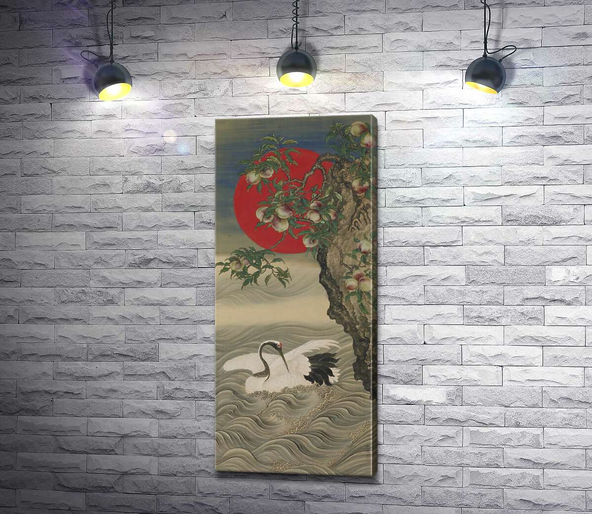 картина Сприятливі символи: журавель, сонце, що сходить і персики (Auspicious Symbols: Crane, Rising Sun and Peach) - Окамото Сюкі (Okamoto Shuki)