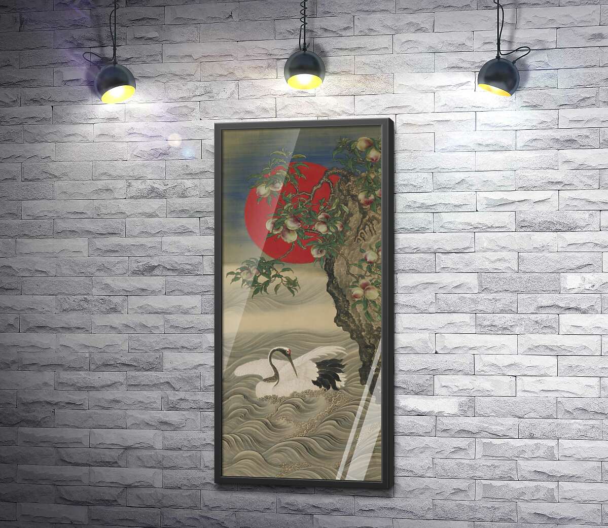 постер Благоприятные символы: журавль, восходящее солнце и персики (Auspicious Symbols: Crane, Rising Sun and Peach) - Окамото Сюки (Okamoto Shuki)