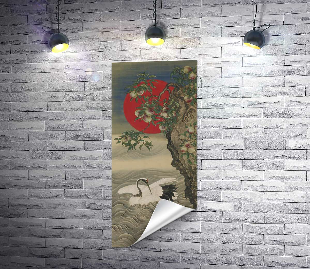друк Сприятливі символи: журавель, сонце, що сходить і персики (Auspicious Symbols: Crane, Rising Sun and Peach) - Окамото Сюкі (Okamoto Shuki)
