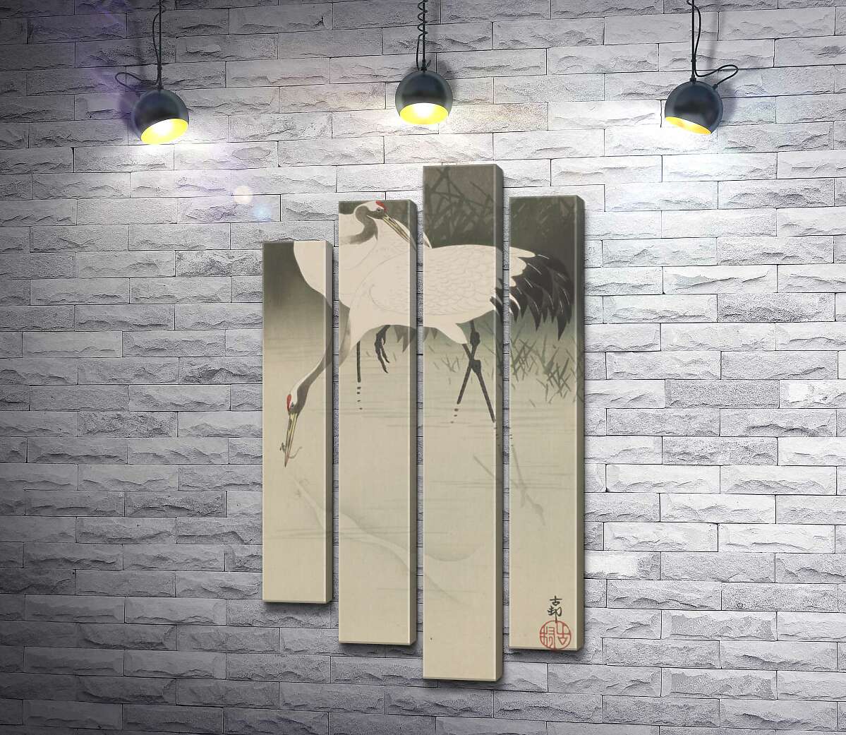 модульная картина Пара журавлей в камышах (Pair of cranes in reeds) – Охара Косон (Ohara Koson) (Модуль №3)