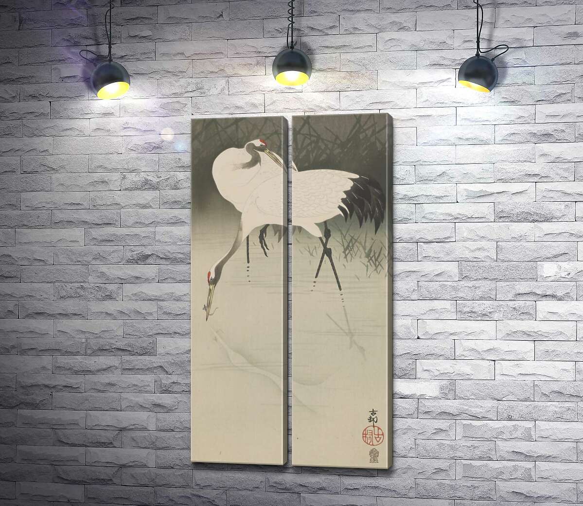 модульная картина Пара журавлей в камышах (Pair of cranes in reeds) – Охара Косон (Ohara Koson)