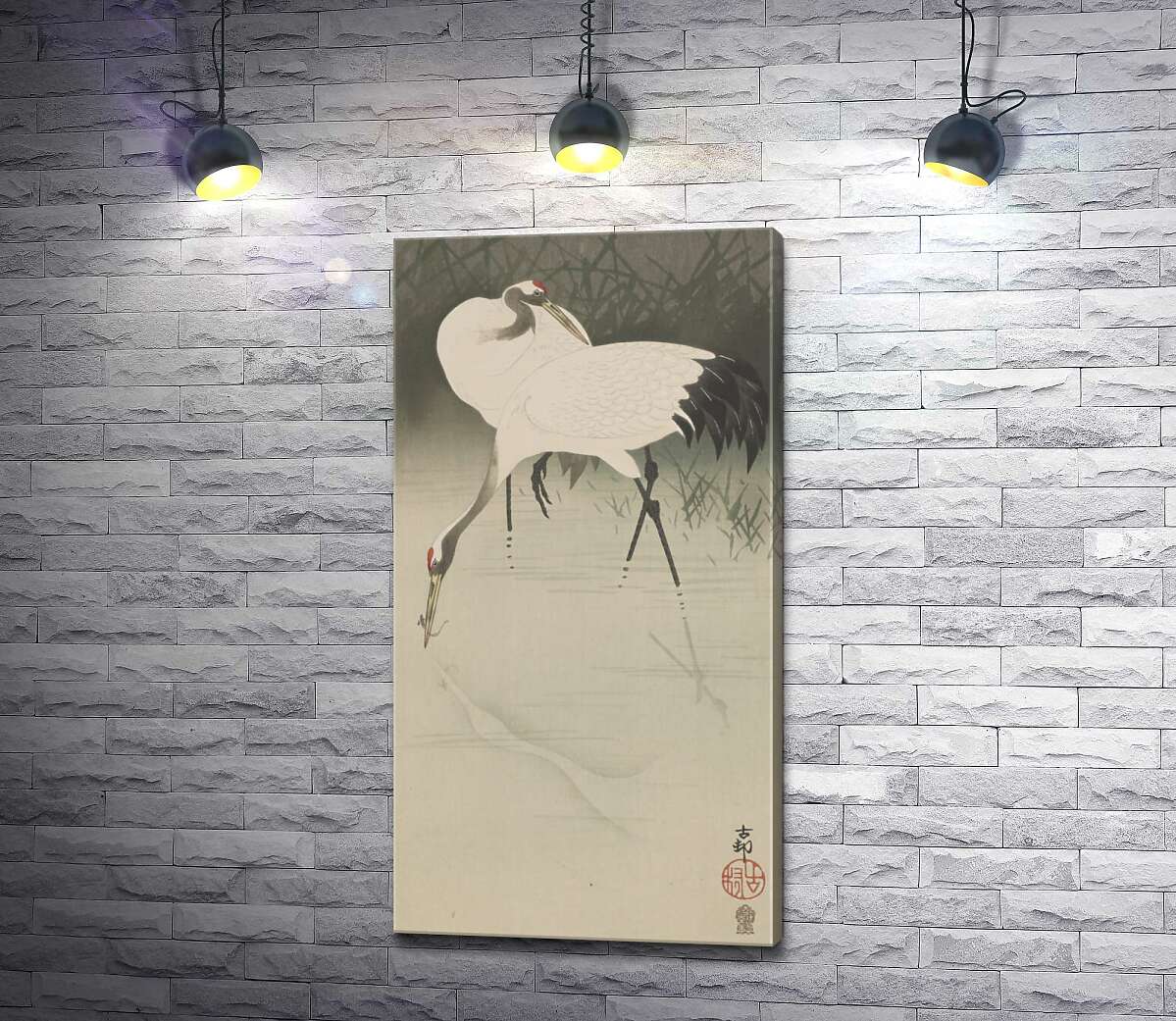 картина Пара журавлей в камышах (Pair of cranes in reeds) – Охара Косон (Ohara Koson)