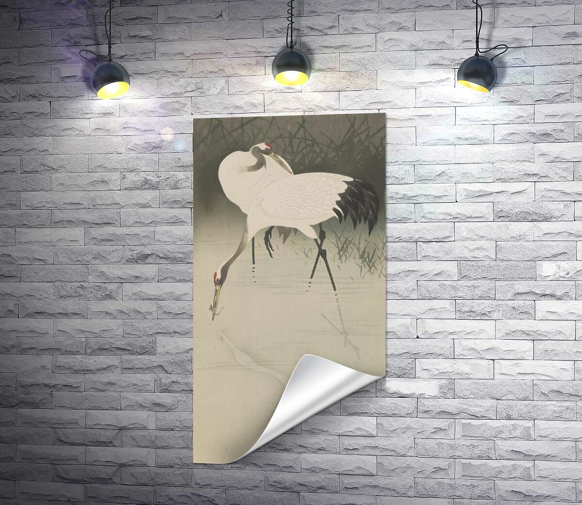 печать Пара журавлей в камышах (Pair of cranes in reeds) – Охара Косон (Ohara Koson)