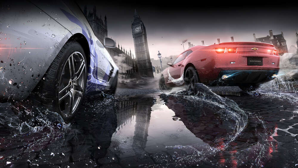 картина-постер Азарт от гонок на автомобилях по лужам туманного Лондона