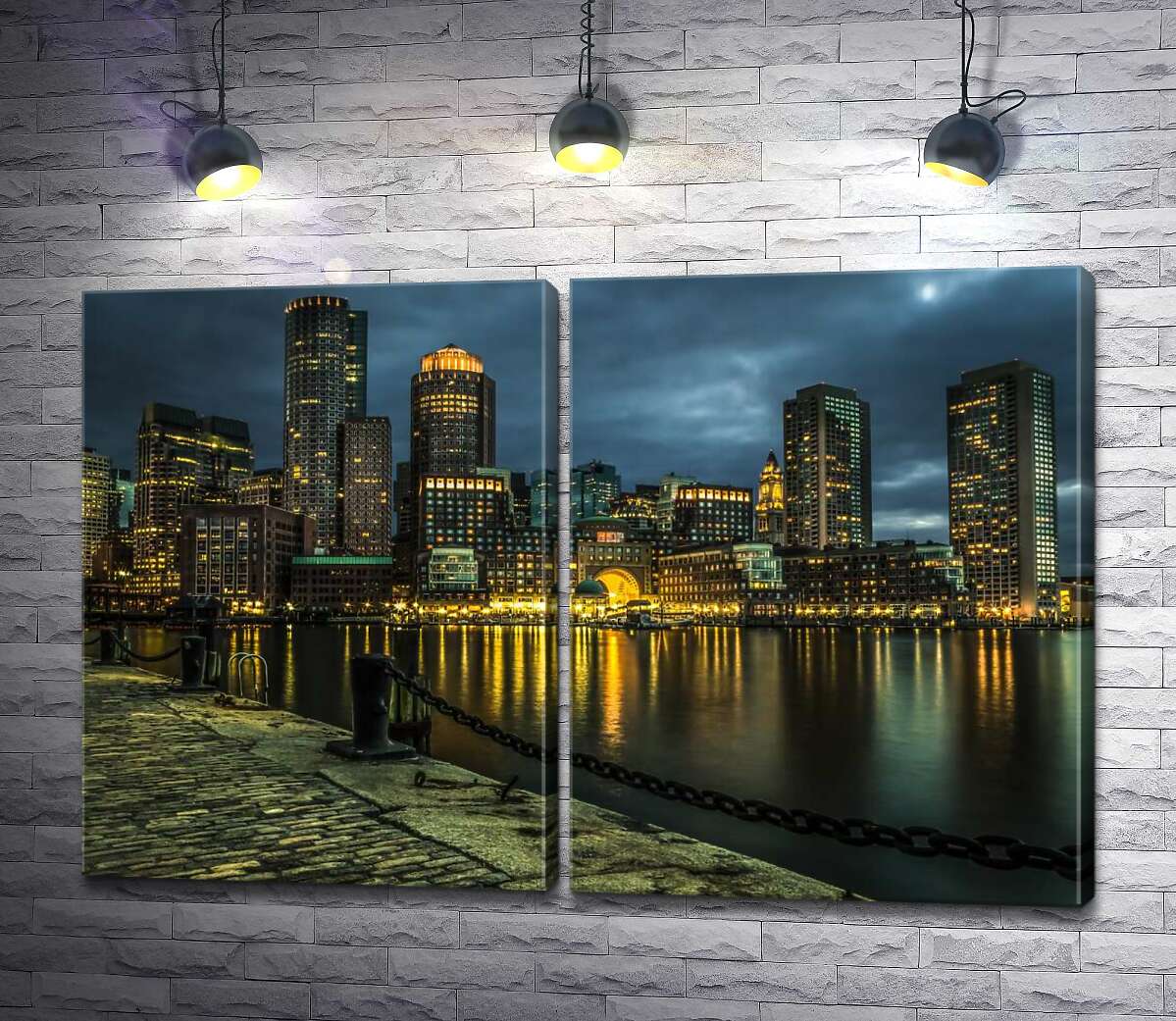 модульная картина Вид с набережной в парке на теплые огни ночных зданий Бостона