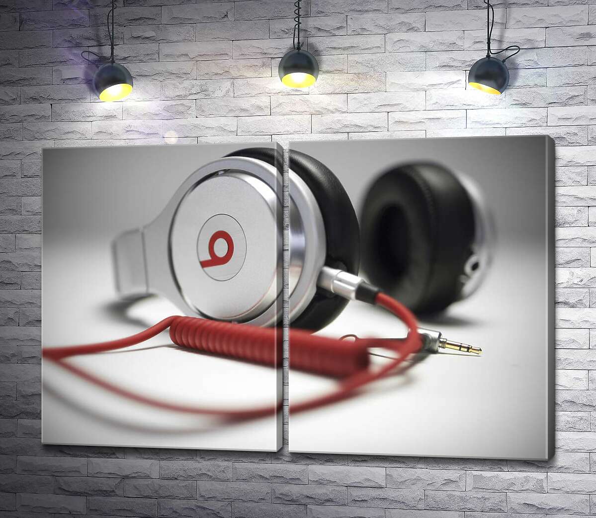 модульна картина Тонкі форми білого корпусу навушників Beats у поєднанні із завитками червоного провода