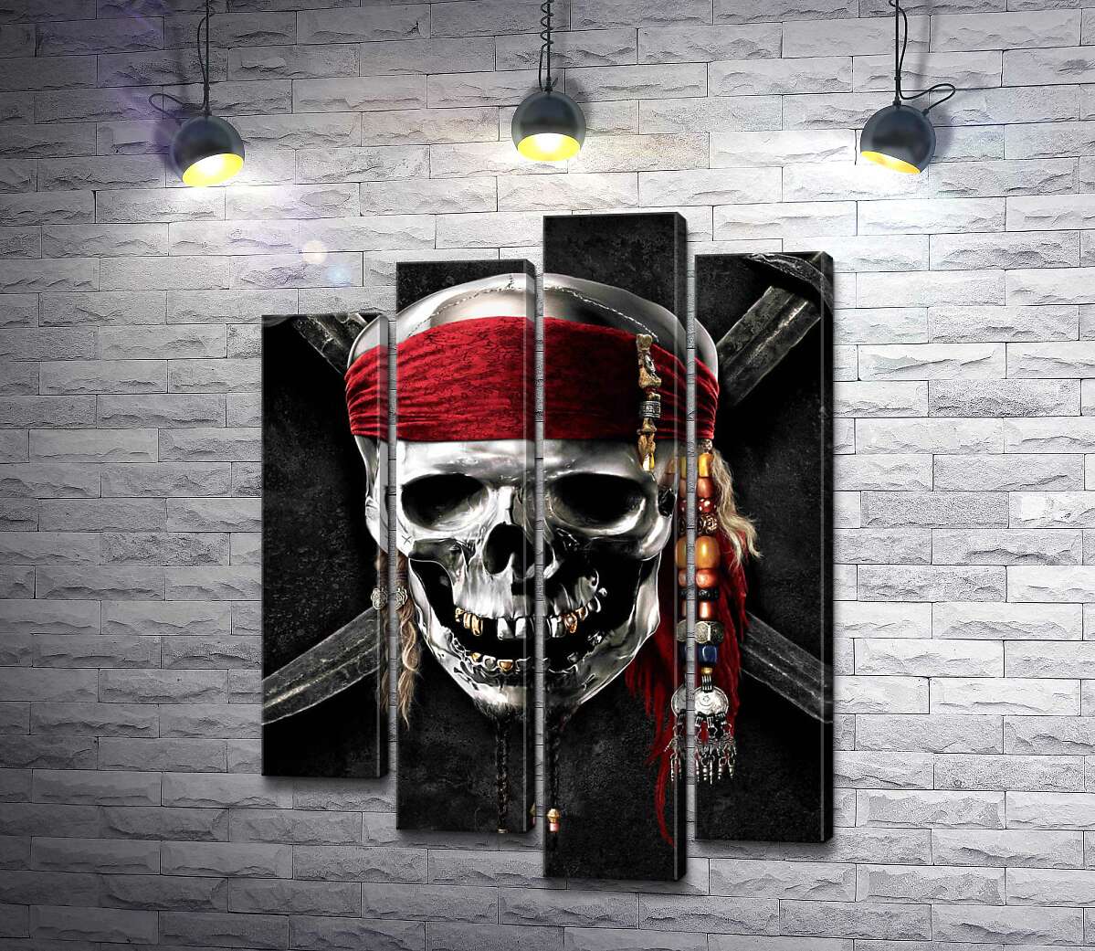 модульная картина Знаменитый череп Джека Воробья (Jack Sparrow) на фильме "Пираты Карибского моря" (Pirates of the Caribbean) (Модуль №3)