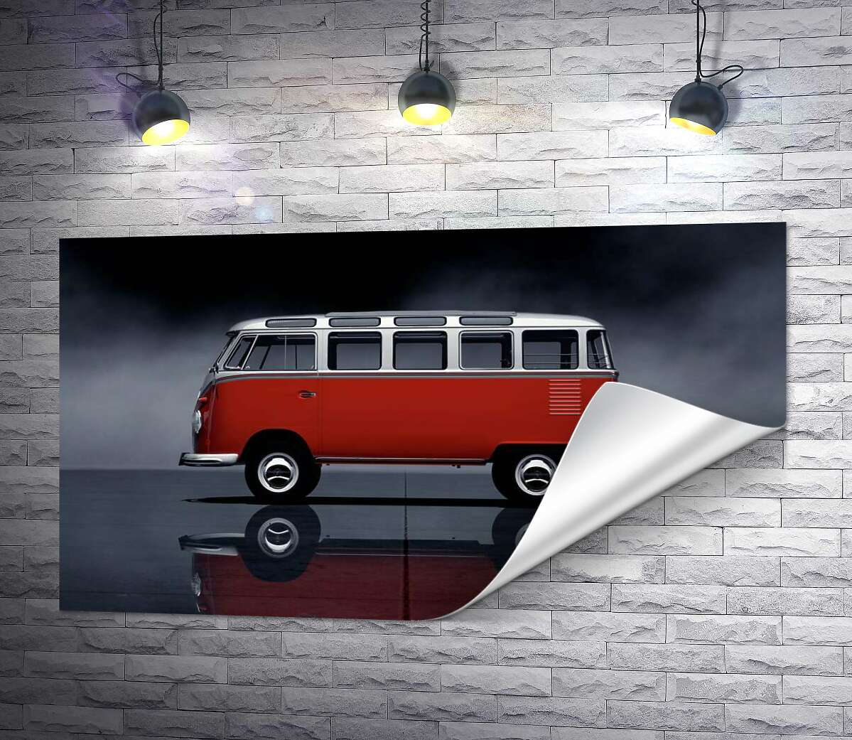 печать Легендарный красно-белый автобус Volkswagen Van Samba