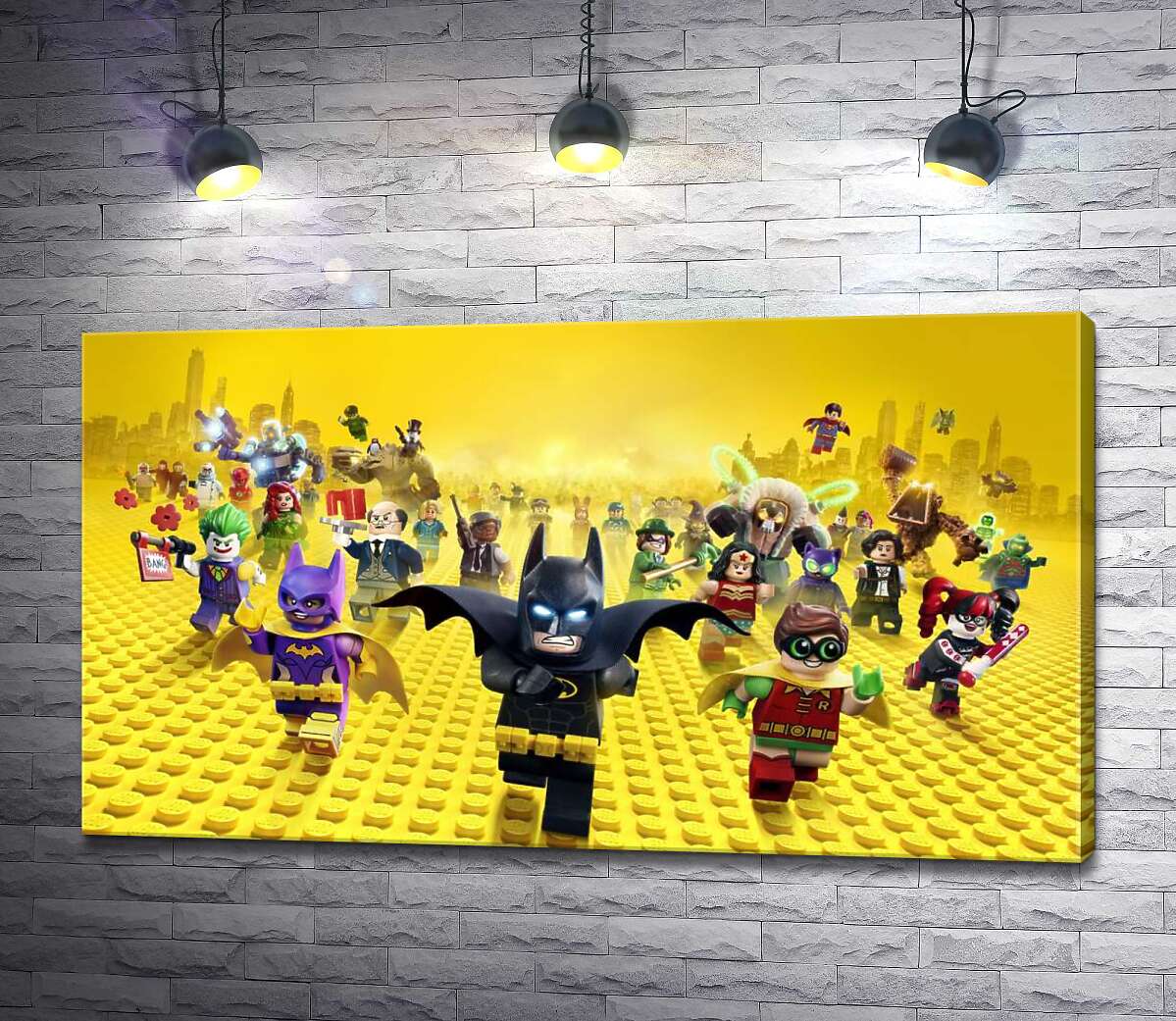 картина Лего Бэтмен спешит спасать мир на постере к фильму "Lego Фильм: Бэтмен" (The Lego Batman Movie)