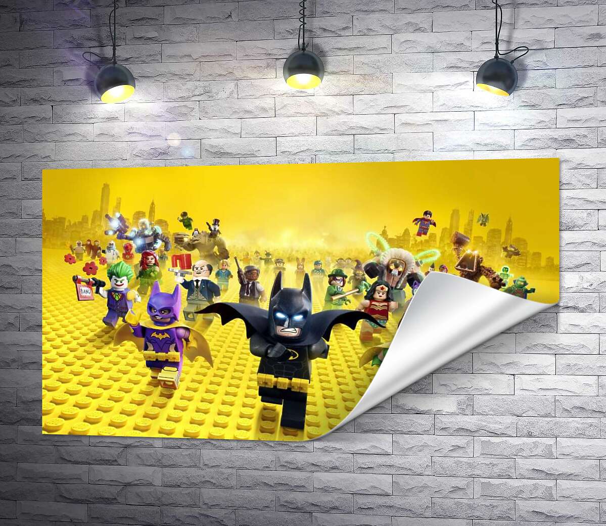 печать Лего Бэтмен спешит спасать мир на постере к фильму "Lego Фильм: Бэтмен" (The Lego Batman Movie)