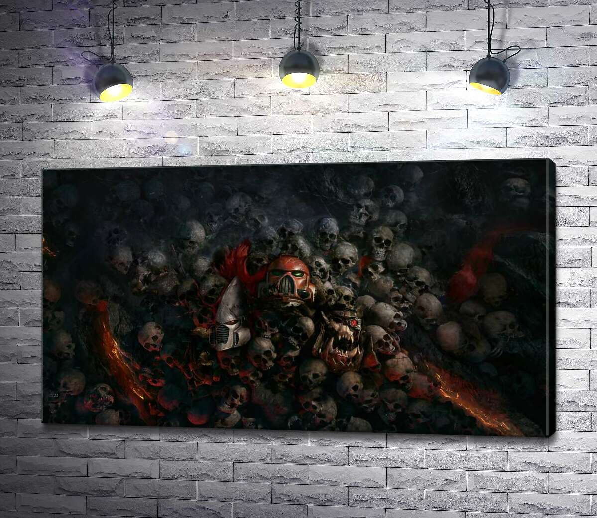 картина Черепа проигравших роботов и людей на постере к видеоигре "Warhammer 40,000: Рассвет Войны" (Warhammer 40,000: Dawn of War)