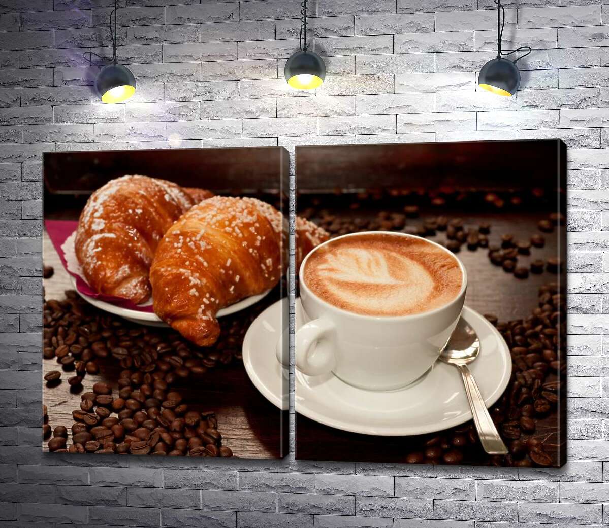 модульна картина Золотисті круасани і гіркувата терпкість капучіно в білій чашці серед кавових зерен