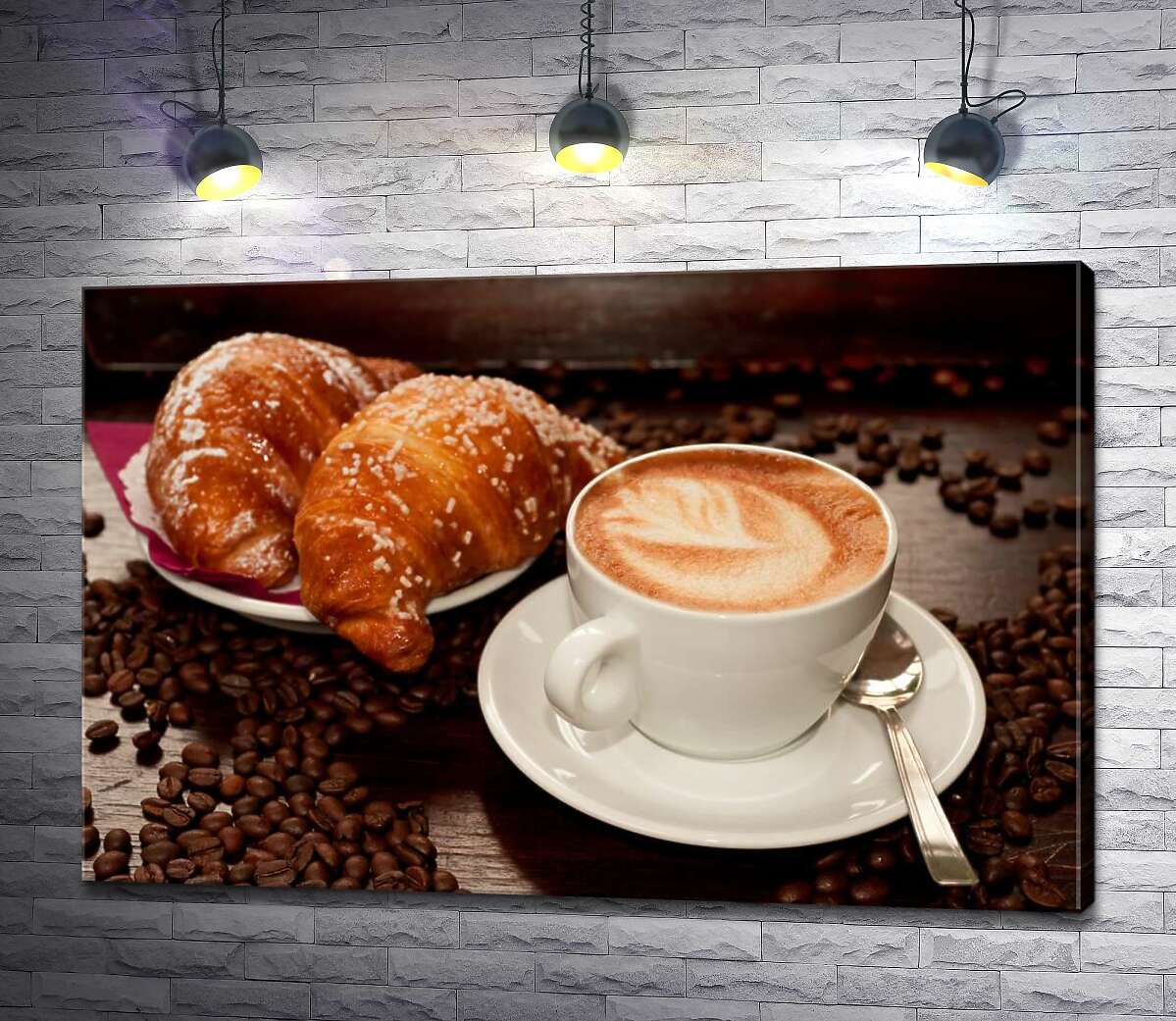 картина Золотисті круасани і гіркувата терпкість капучіно в білій чашці серед кавових зерен