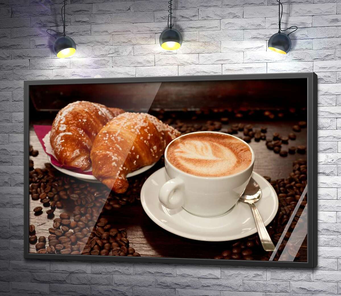 постер Золотисті круасани і гіркувата терпкість капучіно в білій чашці серед кавових зерен