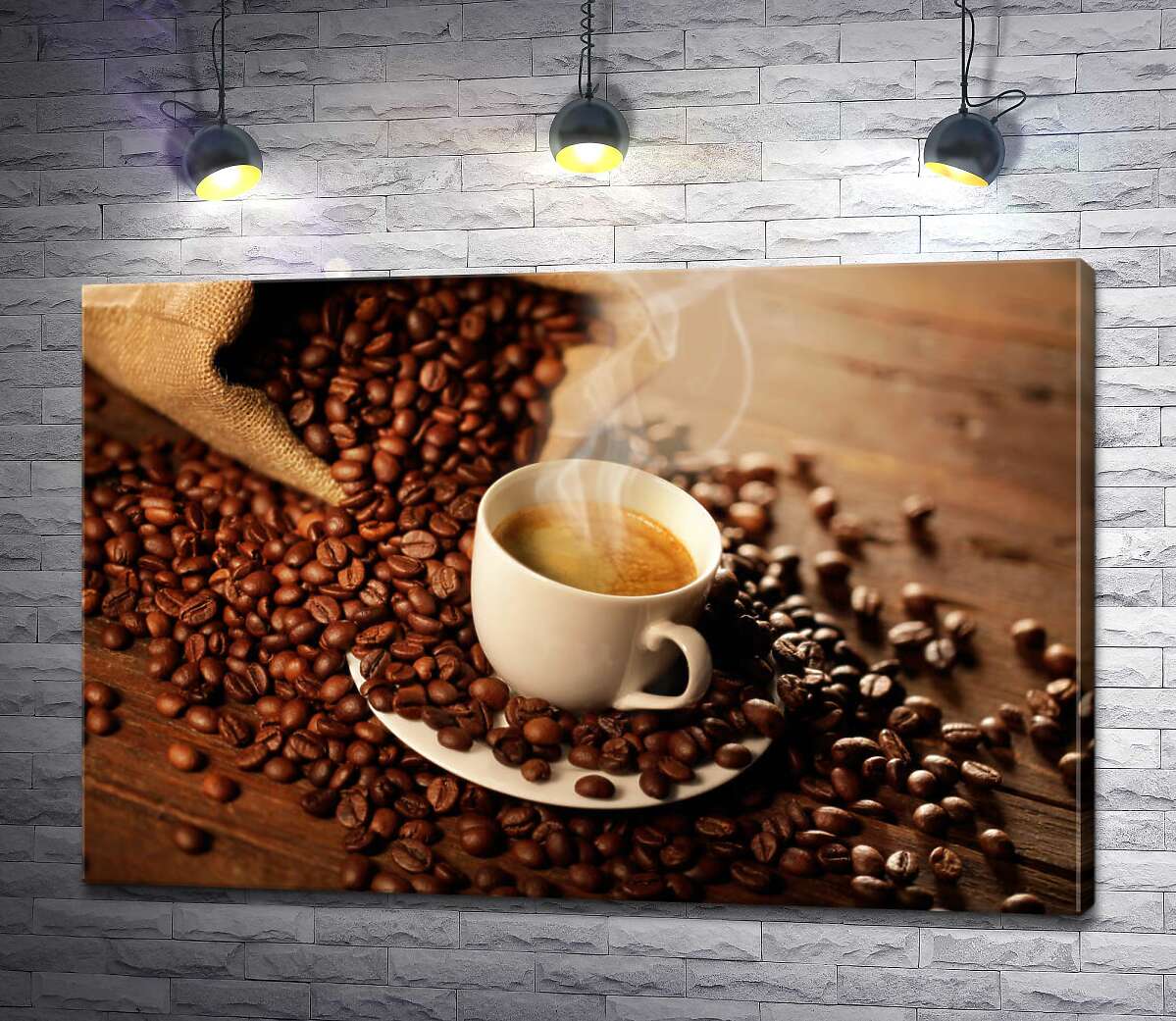 картина Манливий запах гарячої кави біля мішка блискучих кавових зерен